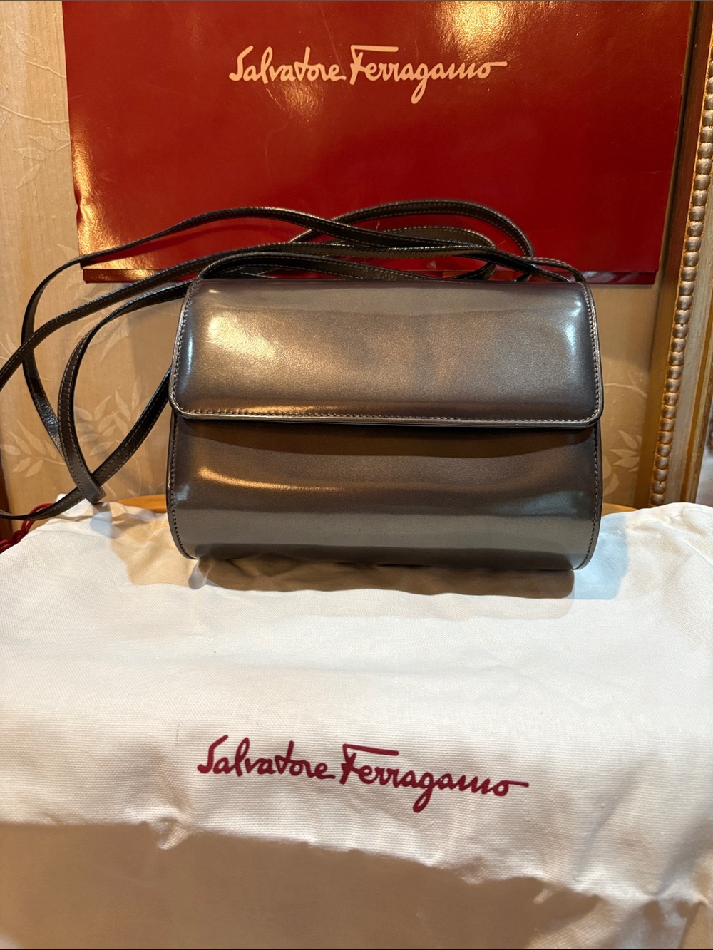 Ferragamo Vintage Metallic Silver Leather Crossbody Bag